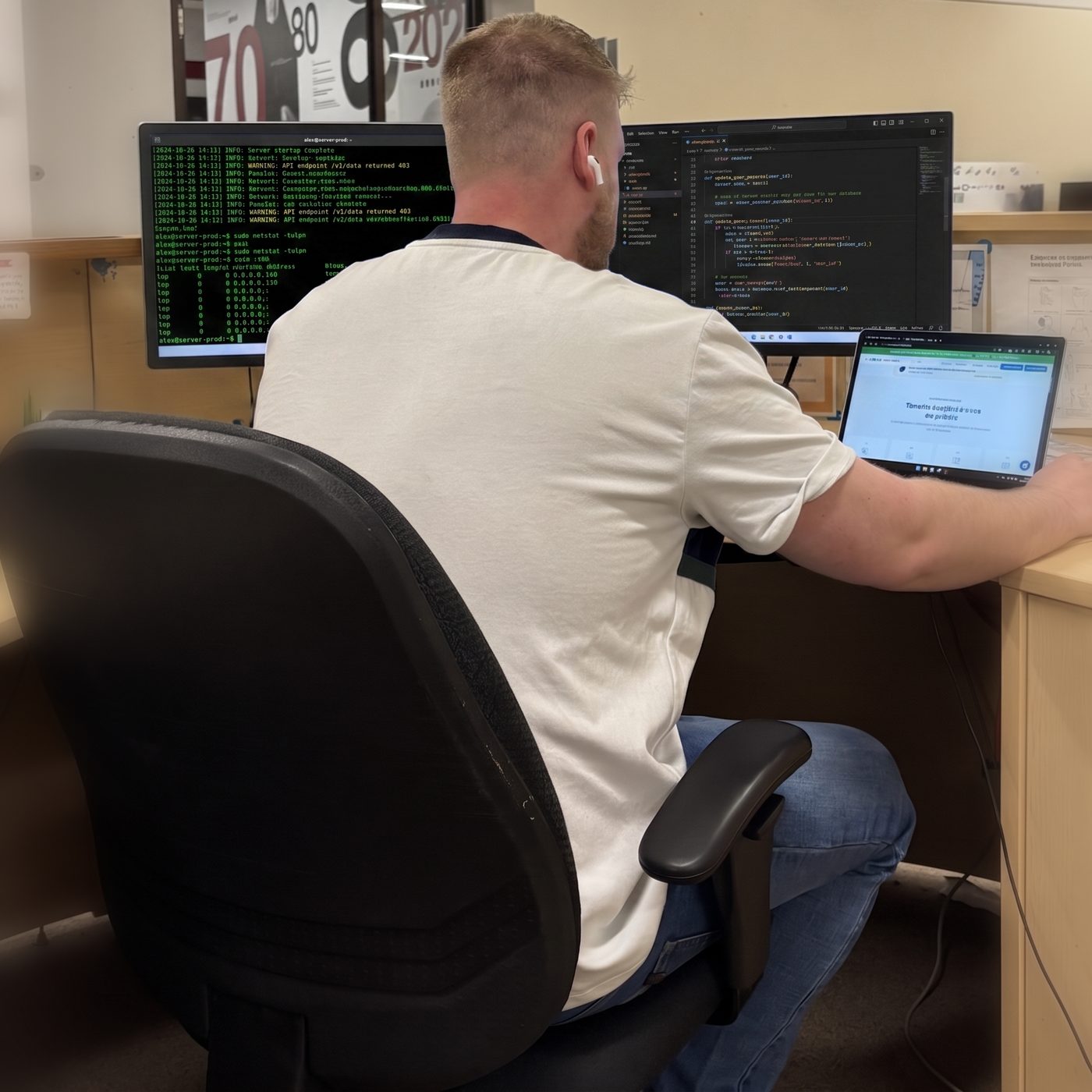 Félix-Antoine Lemay, technicien informatique, en train de travailler sur des serveurs et du code