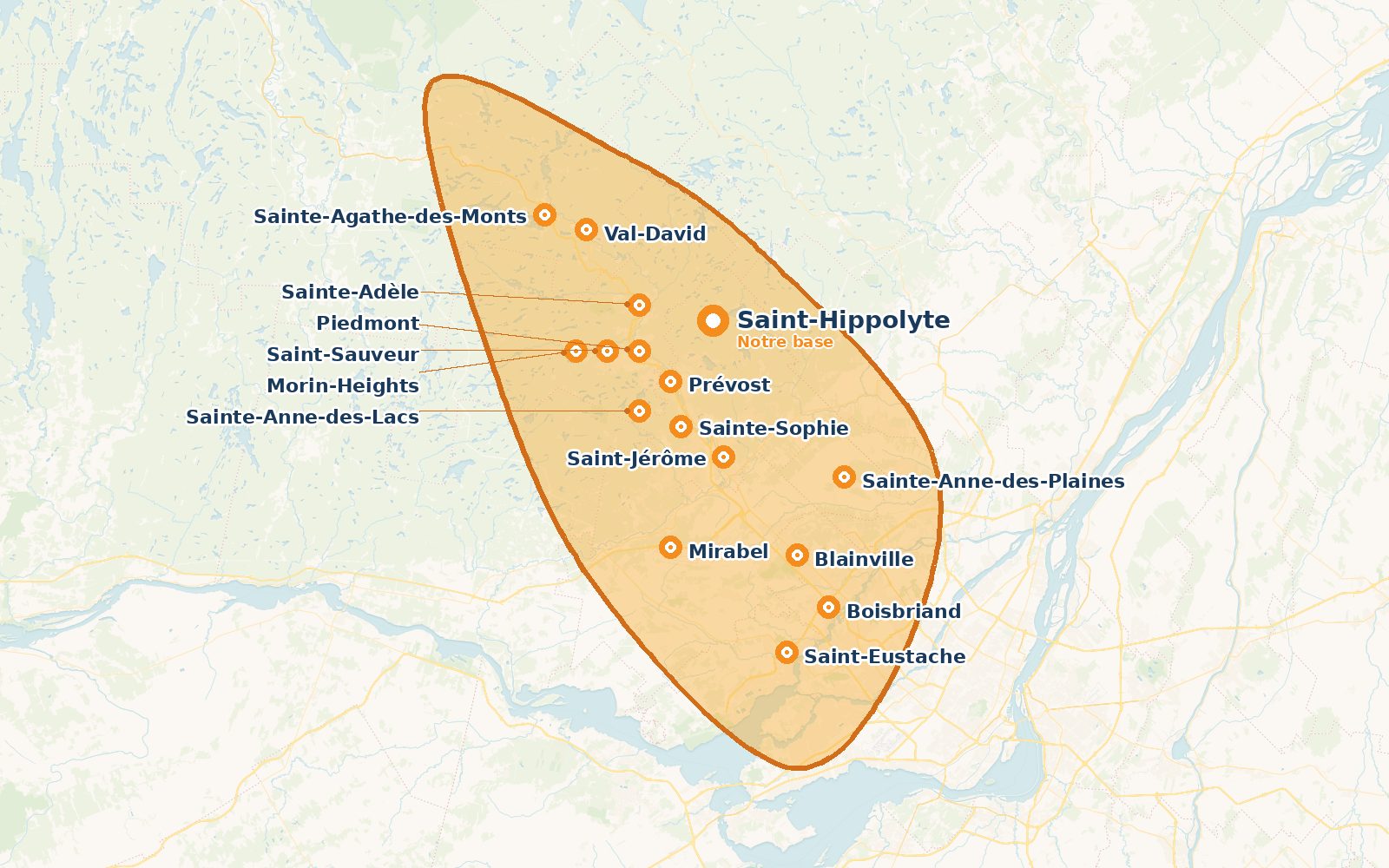 Carte des Laurentides et de la couronne nord montrant la zone de service de La Clinique Ordi Mobile, englobant Saint-Hippolyte, Prévost, Piedmont, Saint-Jérôme, Sainte-Adèle, Saint-Sauveur, Sainte-Anne-des-Lacs, Morin-Heights, Val-David, Sainte-Agathe-des-Monts, Sainte-Sophie, Blainville, Boisbriand, Mirabel, Saint-Eustache et Sainte-Anne-des-Plaines